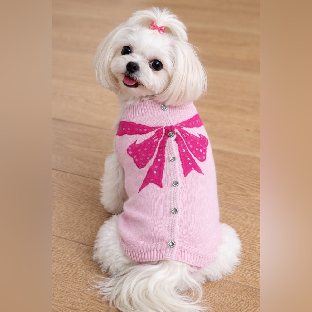 Boutique Style Pink Bow Knit Dog Sweater with Rhinestone Buttons
